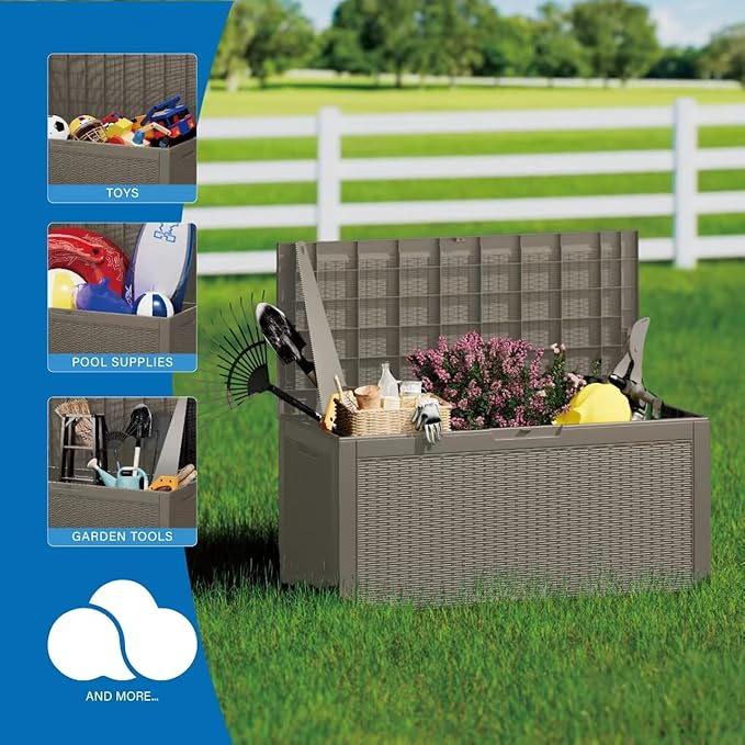 100 Gallon Deck Box, Resin Outdoor Indoor Waterproof Storage Box, Lockable Storage Box With Handle for Patio Furniture - Garden Tools - Swimming Pool Tools UV-Resistant, Grey