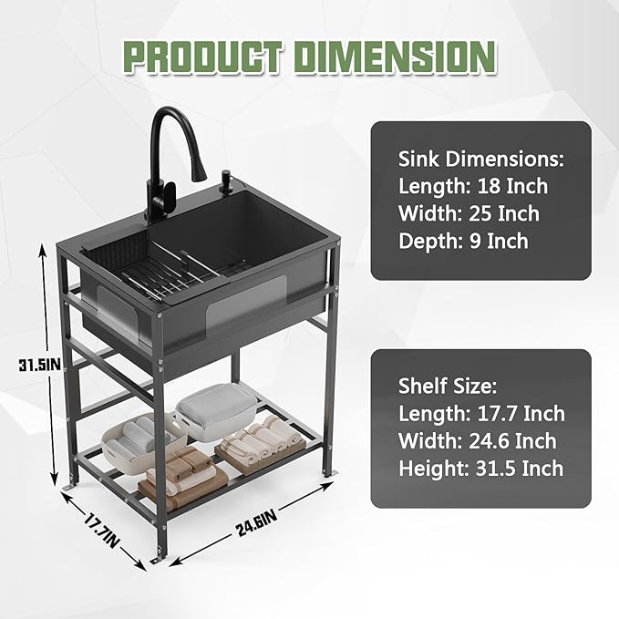 Black utility sink, 25x18 Inch Stainless Steel Freestanding Laundry Sink Practicality With Accessories-Black Faucet,Soap Dispenser, SS Sink Grid, Colander For Laundry,Garage,Outdoor Kitchen,Garden...