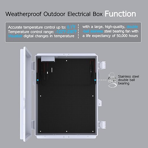 Outdoor Electrical Box, Waterproof Electrical Junction Box IP65 ABS Plastic Enclosure with Fan & Thermostat, Mounting Plate and Hinged Lid (15.7" H x 11" L x 5.9" W)