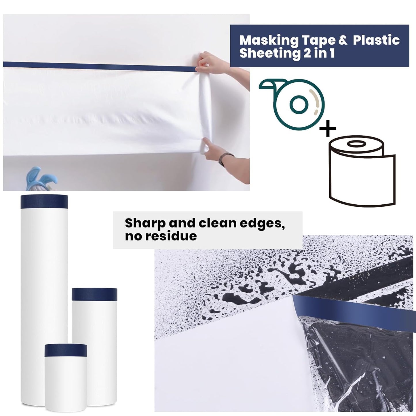 ADHES Painters Plastic with Tape, 24 inch x 90 feet x 3 Rolls Painters Tape with Plastic Attached, Pre Taped Masking Film Tape and Drape for Automotive Painting Covering