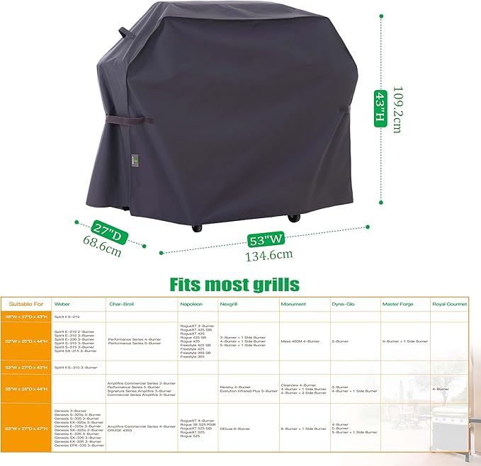 F&J Outdoors Grill Cover, Waterproof Anti-UV for 3-Burner Liquid Propane Gas BBQ,53Wx27Dx43H in,Grey