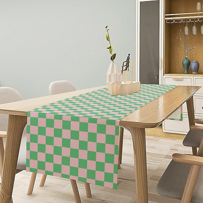 Retro Checkered Table Runner, Cute Pink Green Checkerboard Vintage Hippie Modern Aesthetic Table Runner for Party Kitchen Dining Home Outdoor Banquet 13x70in