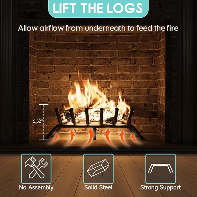 17-Inch Fireplace Grate, Heavy Duty 6-Bar Log Rack Holder Made of Solid Round Steel for Indoor/Outdoor Fire Pits, Wood Stoves & Kindling Tools