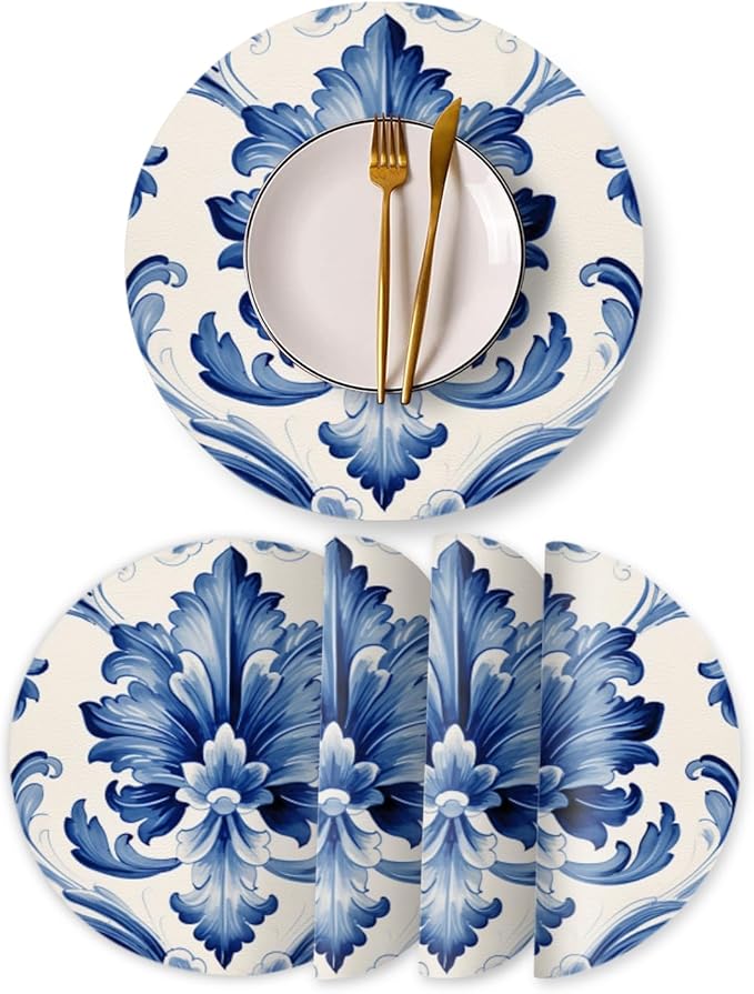 Faux Leather Placemats Set of 4,Watercolor Blue and White Porcelain Patterns Round Ding Table Placemat Heat-Resistant Waterproof Non-Slip Place Mats for Uitable for Indoor & Outdoor,13inch