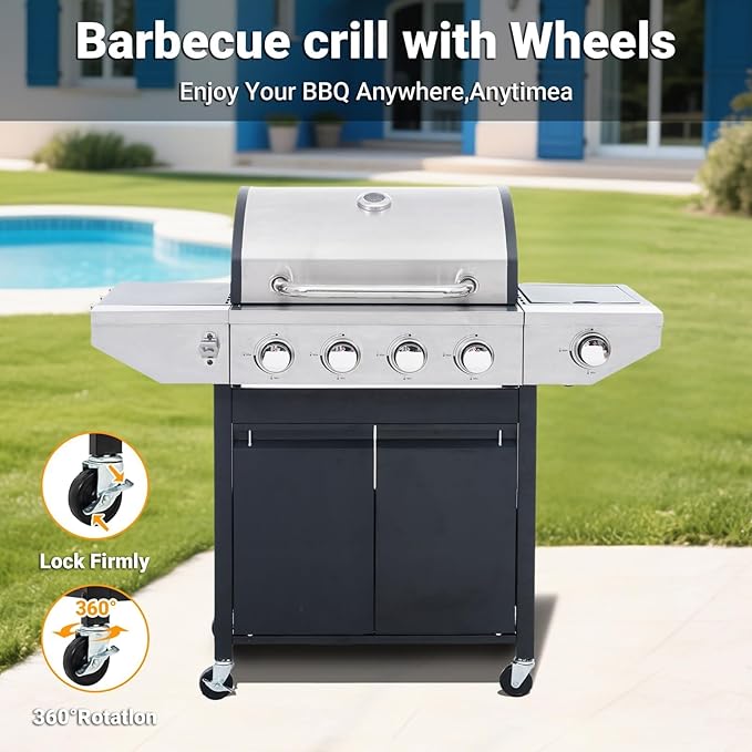 Endark 4-Burner Propane BBQ Grill 46,500 BTU with Side Burner, Stainless Steel Gas Grill, Enameled Cast Iron Grates & Foldable Side Tables for Outdoor Backyard, Patio Cooking