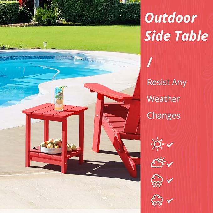 LUE BONA Adirondack Outdoor Side Table, 2-Tier Bright Red HDPS Patio End Table Weather Resistant, Morden Side Table for Patio, Pool, Porch