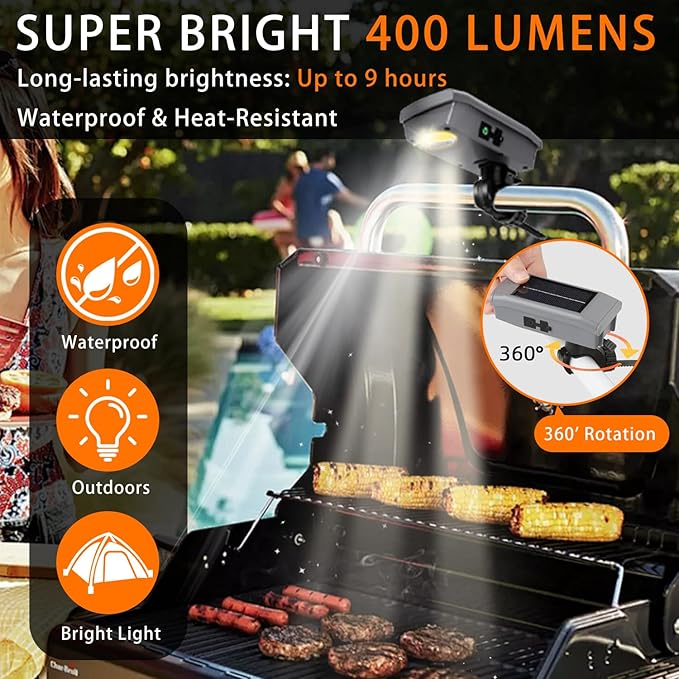 Thanksgiving & Christmas Gift Pick, BBQ Grill Light for Blackstone Griddle, Solar/USB-C Rechargeable LED Grill Lights for Outdoor, Auto On/Off 360° Rotation, Grill Lights for Griddle Accessories