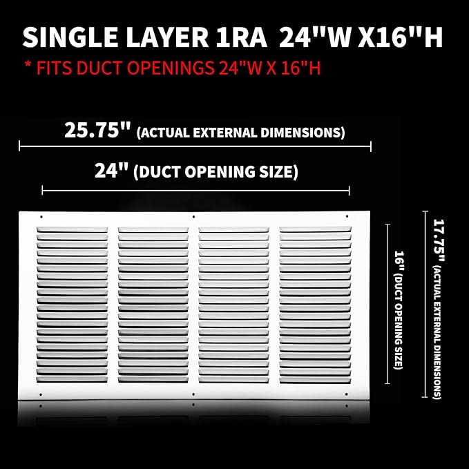Return Air Grille 24x16(Duct Opening Size),Air Return Vent Cover,Flat Vent Cover,Rejillas De Aire Acondicionado Para Casa,Return Air Grilles,Outer Dimensions:25.75"Wx17.75"H(24"W x 16"H, Duct Opening)