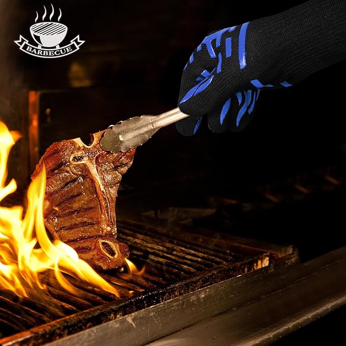 BBQ Gloves, 1472°F Heat Resistant Grilling Gloves, Silicone Non-Slip Long Cooking Gloves for Kitchen, Oven, Baking, Campfire and Smoker, EN407 Certified, Blue, XL Size, 1 Pair