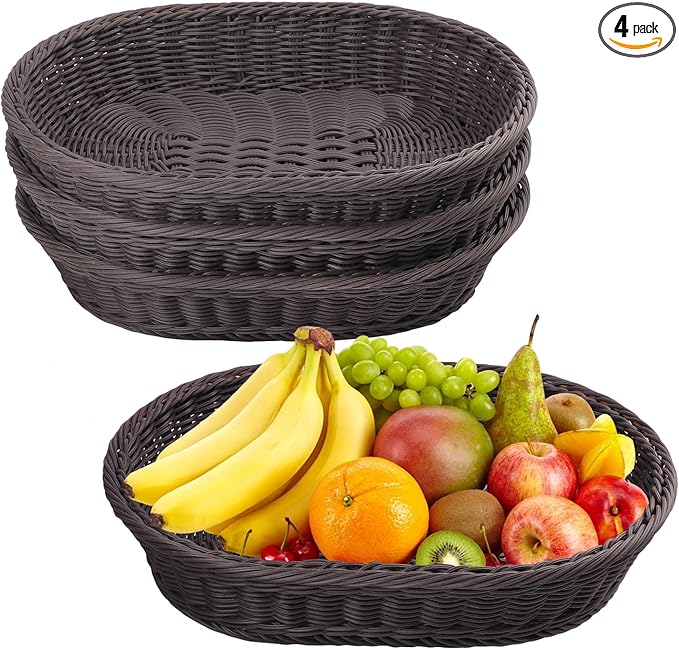 4 Pack 15.7 Inch Oval Poly Wicker Baskets, Plastic Oval Wicker Baskets, Rustic, Durable & Easy-Cleaning Wicker Bread Basket, for Home, Restaurant & Hotel Use, Coffee