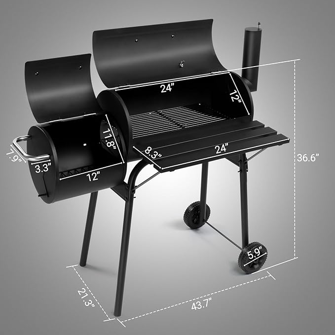 VINGLI Barrel Charcoal Grill with Offset Smoker, Large BBQ Outdoor Smoker Grill with Wheels for Party Garden Patio and Backyard Cooking 44 x 22 x 37 inch