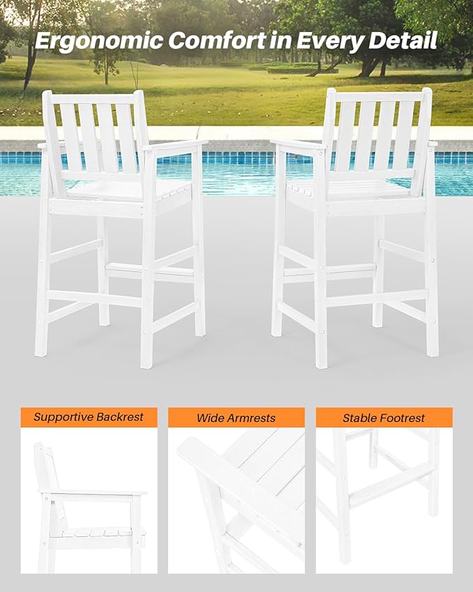Adirondack Bar Chair Set of 2, HDPE Tall Adirondack Chairs Bar Stools with Footrest, Outdoor Bar Height Stool Chair Set, HDPE Patio Barstools Set for Balcony, Porch, Deck, Pool, Pearl