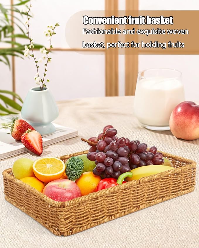 Woven Bread Basket, 3 Pack Wicker Fruit Baskets Rattan Bread Basket Poly Wicker Bread Baskets With Handles For Food Serving, Display, Vegetables, Home Kitchen, Restaurant, Outdoor (Rectangle set)