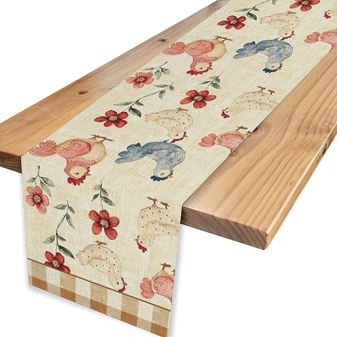Farmhouse Rooster Table Runner, Rustic Farm Chicken Brown Plaid Flower Plant Watercolor Coffee Table Center Decor for Home Kitchen Dining Patio Party Indoor Outdoor Table Decorations, 13" X 108"
