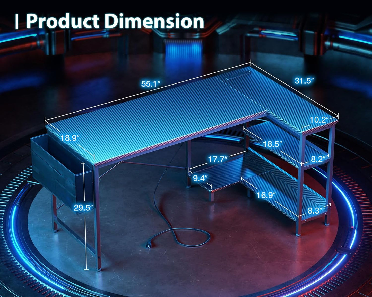 ODK 55 Inch L Shaped Gaming Computer Desk with Power Outlets, Corner Desk with Reversible Storage Shelves & PC Stand for Small Space, Modern Simple Home Office Table, Carbon Fiber Surface, Black