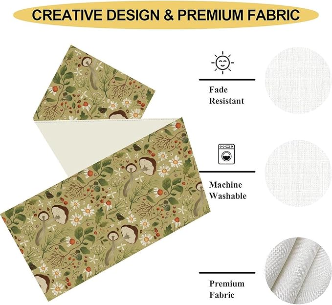 Mushroom Table Runner, Rustic Farmhouse Forest Plants Botanical Country Green Coffee Table Center Decor for Home Kitchen Dining Patio Holiday Party Indoor Table Decorations, 13"x90" Inch