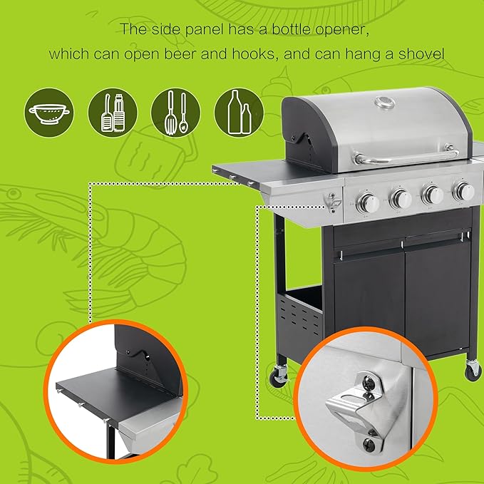 Zateety 4 Burner Propane Grill - 46,500 BTU Gas Grill with Side Burner, Stainless Steel with Iron Cast Grates for Outdoor Cooking, Patio, Camping BBQ, Garden Barbecue Grill, Black and Silver