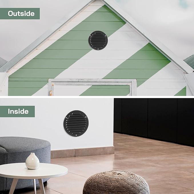 Vent Systems 5 Inch (Inner) Black Metal Soffit Vent Cover - Durable Round Air Vent Grille with Mesh Screen - Weather Resistant Ventilation Grill - Wall & Ceiling, Indoor & Outdoor Crawlspace Vent