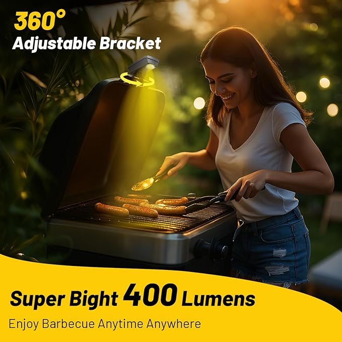 Grill Lights for Blackstone Weber Grills, USB-C Rechargeable Solar 360° Rotatable Automatic On/Off LED BBQ Light for Outdoor Barbecue, Waterproof Heat-Resistant Griddle Accessories