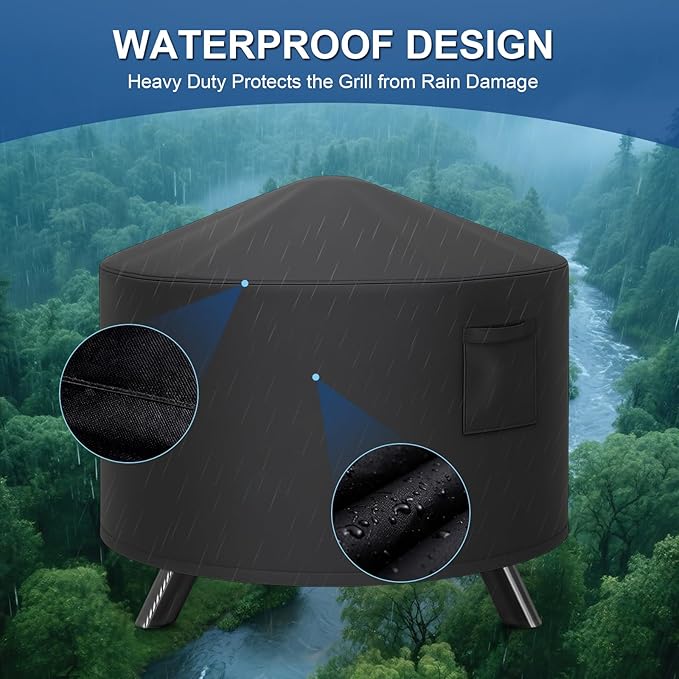 Round Fire Pit Cover, 36 inch Fire Pit Cover with Windproof Drawstring & Waterproof Layer, Full Coverage Fireplace Cover Fit for 33-36 Inches Round Fire Bowl with Mesh Spark Screen
