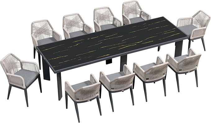 PURPLE LEAF 11 Pieces Patio Dining Set Aluminum Modern Oversize Rectangular Table and Rattan Arm Chairs with Cushions for Kitchen Porch Garden Outdoor Furniture Sets, Dark Grey