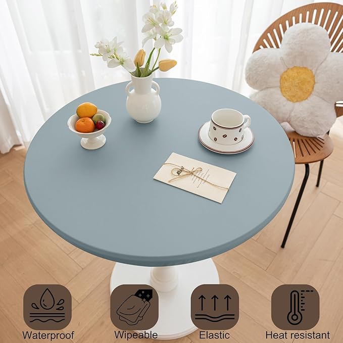 Round Fitted PU Tablecloth with High Elastic Edge 51 Inch Dia Waterproof Oil Proof Table Cloth Anti-Scald Stain-Resistant Wipeable Table Cover for Indoor Outdoor Picnic (Blue,51" Dia)