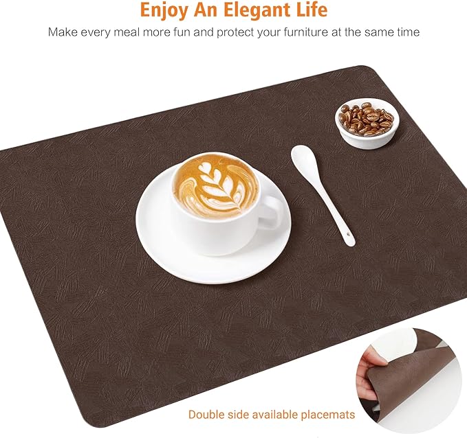 Vinyl Placemats Set of 12 Heat Resistant Easy Clean Non-Slip Place Mats for Dining Table. Faux Leather Waterproof Stain Resistant Wipeable Washable PU Table Mats(12, Brown)