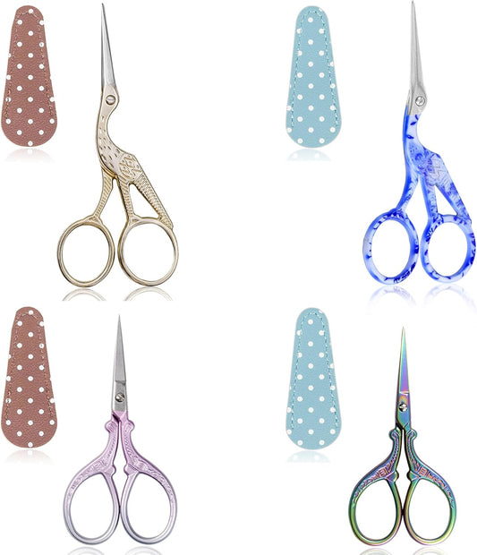 BIHRTC Stork Scissors with Leather Cover Stainless Steel Crane Design Sewing Embroidery Household Scissors for Sewing Crafting Art Work Threading Needlework Knitting