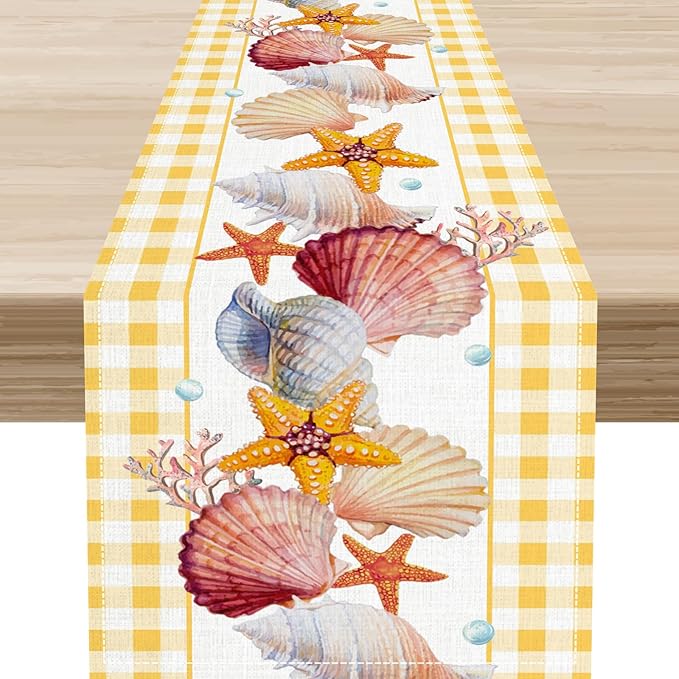 Coastal Table Runners, Yellow Plaid Buffalo Nautical Ocean Starfish Coral Seashell Pearl Beach Summer Coffee Table Center Decor for Family Wedding Holiday Party Farmhouse Table Decorations, 13" X 36"