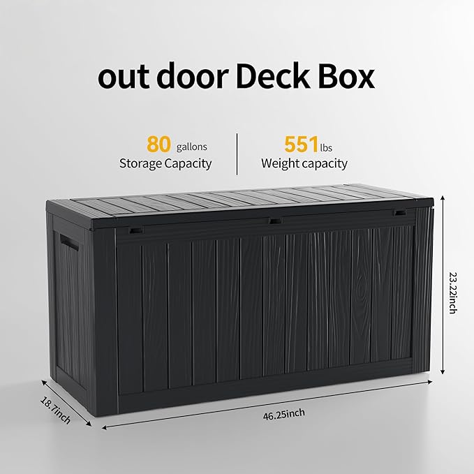 80 Gallon Resin Deck Box, Waterproof Outdoor Storage Box for Patio Furniture, Garden Tools, and Pool Accessories, Lockable UV-Resistant Storage Bin Bench Cabinet for Outside, Black