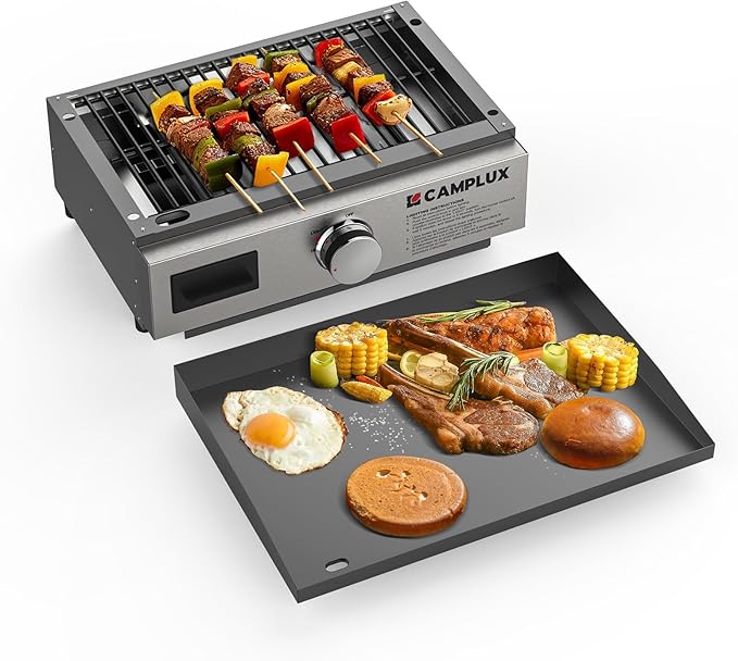 CAMPLUX Propane Gas Griddle Grill Combo 11,000 BTU, Portable Camping Griddle Ceramic Coated, 18-Inch Tabletop Grill with 20 lbs and RV Regulator for Camping, RV Picnic and Tailgating