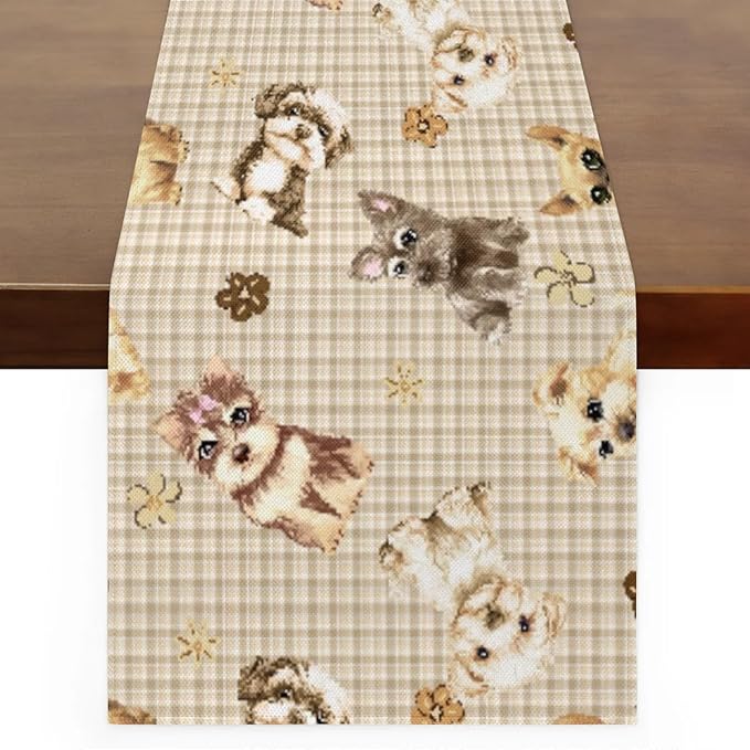 Cute Puppy Table Runner Kitchen Dining Table Runner 13*48in Table Center Decor for Indoor Outdoor Home Holiday Party