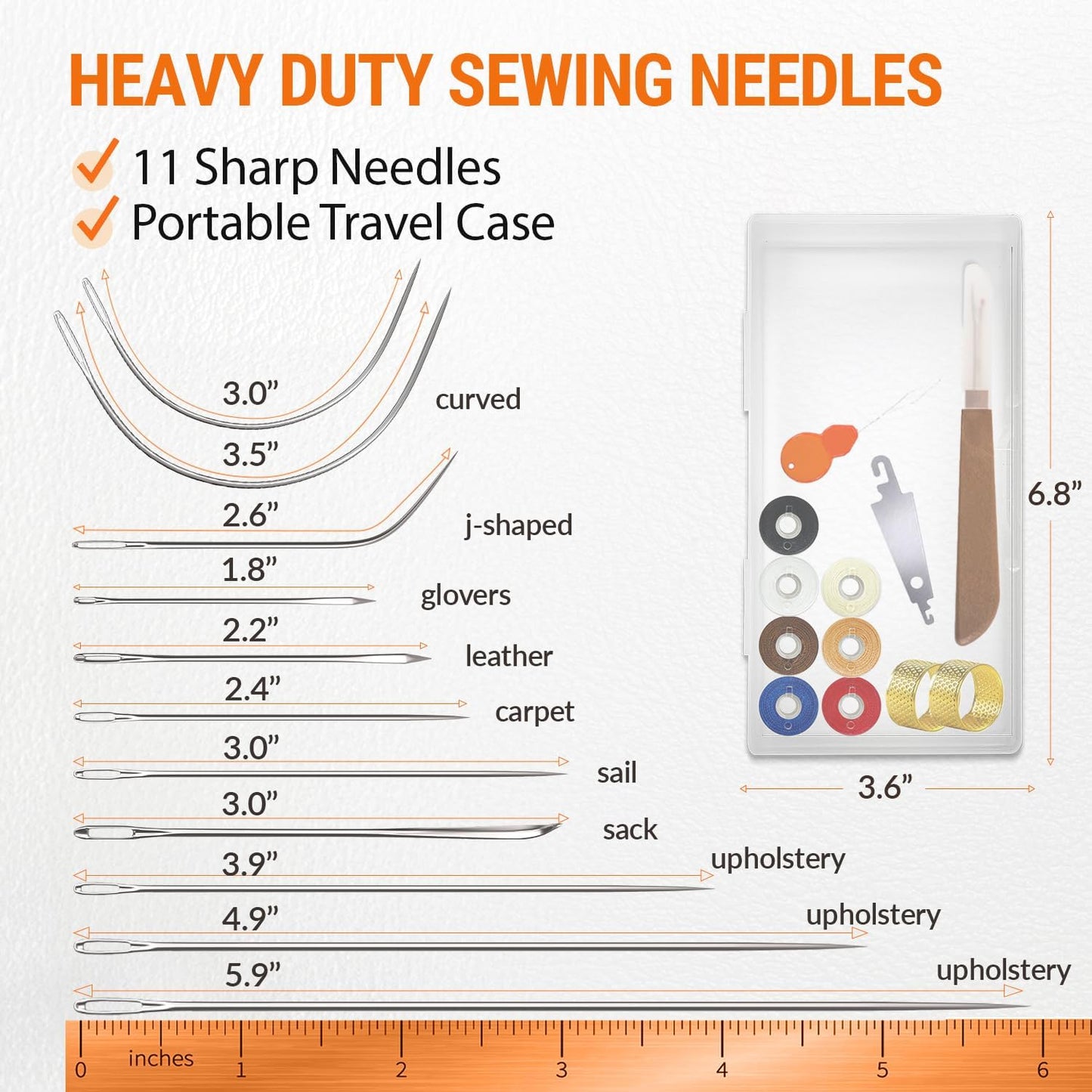 VONEEDL Heavy Duty Sewing Needles (11 PCS) & Waxed Thread (7 Colors) - Upholstery Repair Kit for Leather, Canvas, Quilting & More