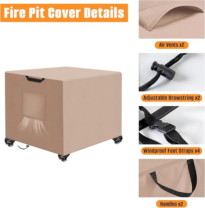 Kovshuiwe Porch Shield Fire Pit Cover Square-600D Fabric Waterproof and Resistant, Fits Outdoor For 40-44 Inch Fire Pit /Table Cover, Gas Fire Pit Cover-44"L x 26"W x 24"H, Khaki