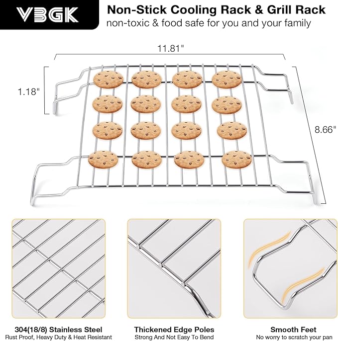 VBGK Cooling Rack, Heavy Duty Stainless Steel Wire Rack for Baking, Grilling, Roasting, Drying, Nonstick 11.81"x8.66" Oven & Dishwasher Safe, Compatible with Electric Cooktop