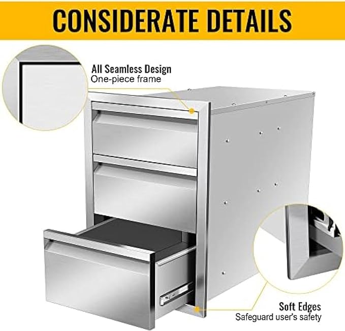 Outdoor Kitchen Drawers, Box Frame Style Flush Mount BBQ Drawer w/Stainless Steel Handle, BBQ Island Drawers For Patio Grill Station,Three Drawers