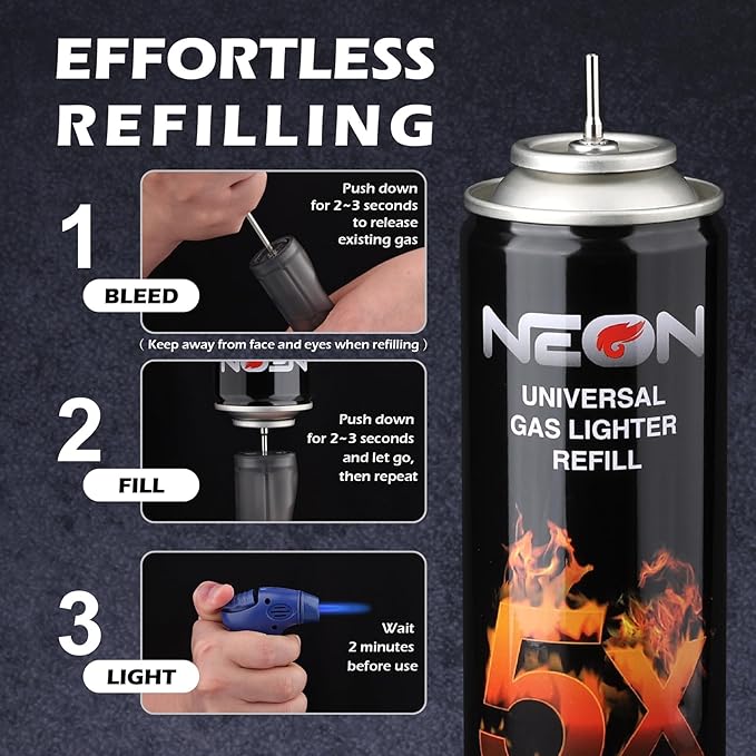 NEON Butane Fuel 300ml, 5X Premium Refined Butane Refill for Torch Lighter, 0 Impurities Lighter Fluid with Metal Nozzle & 5 Butane Gas Refill Adapters for Culinary, Welding, and DIY (12 Cans)