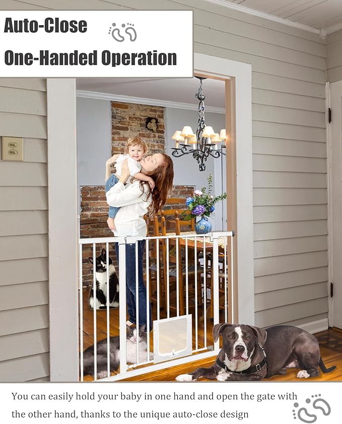 White Extra Wide Baby Gate with Pet Door Automatic Closing 29.5 to 46 Inches Adjustable Pressure Mounted for Doorway Stairs Includes 4 Wall Cups and 3 Extensions Pet Gate Baby Gate Dog Gate Cat Gate