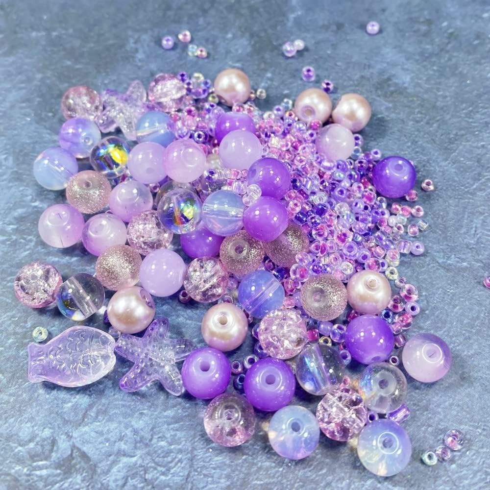 Assorted Glass Resin Beads Multi Size Colors Smooth Cracked Gravel Millet Spacer Beads for Bracelets Necklace Earring DIY Jewelry Making Craft(Lilac Violet Series)