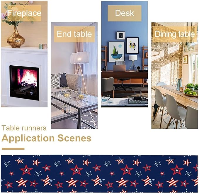 4th of July Patriotic Table Runner, Memorial Day Independence Day Freedom Stars Table Runner for Indoor Kitchen Dining Outdoor Holiday Party 13x36in