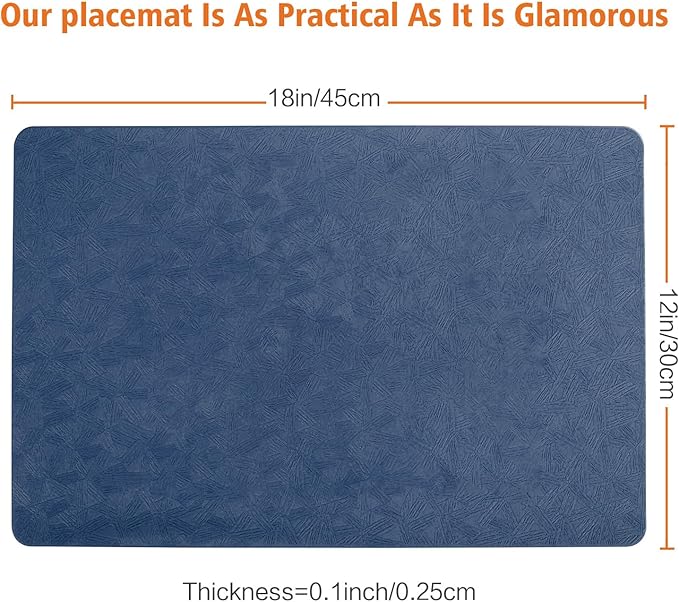 Vinyl Placemats Set of 4 Heat Resistant Easy Clean Non-Slip Place Mats for Dining Table. Faux Leather Waterproof Stain Resistant Wipeable Washable PU Table Mats(4, Blue)