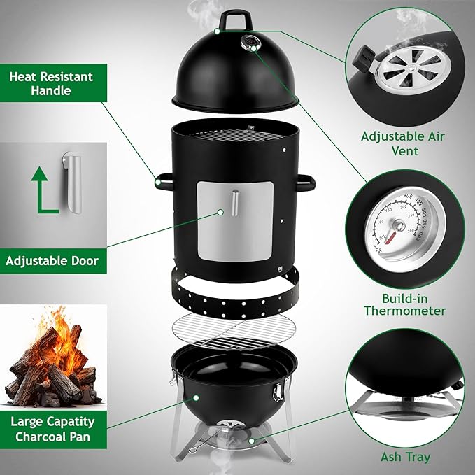 4-Tier 3-in-1 Vertical Charcoal Grill, BBQ Charcoal Smoker with Built-in Thermometer, Air Vent, and Access Doors, Perfect for Camping, Picnics, Backyard BBQs, and Tailgating Parties