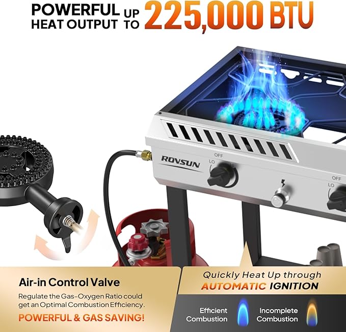 ROVSUN 3 Burner Propane Stove with Auto Ignition, 225,000 BTU Gas Stove with Storage Shelf, Rolling Wheels & Regulator for Home Outdoor Backyard Camping Cooking Frying Brewing Canning