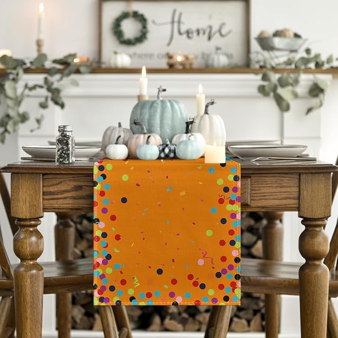 Artoid Mode Polka Dot Orange Happy Birthday Table Runner, Seasonal Fall Thanksgiving Kitchen Dining Table Decoration for Home Party Decor 13x72 Inch