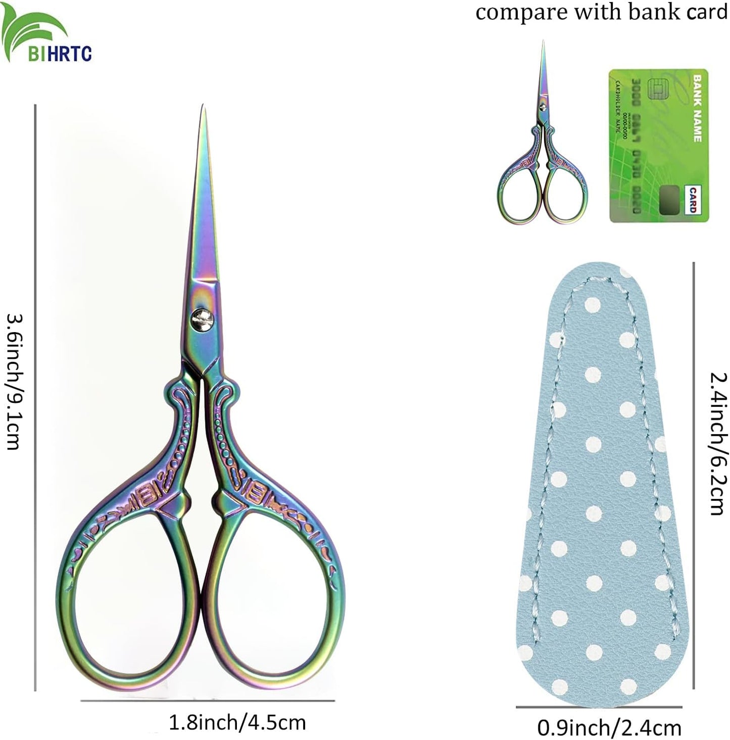 BIHRTC Small Craft Scissors 3.6inch Rainbow Scissors with Leather Cover Stainless Steel Sharp Tip Shears for Cross Stitch Sewing Crafting Art Work Threading Needlework Knitting