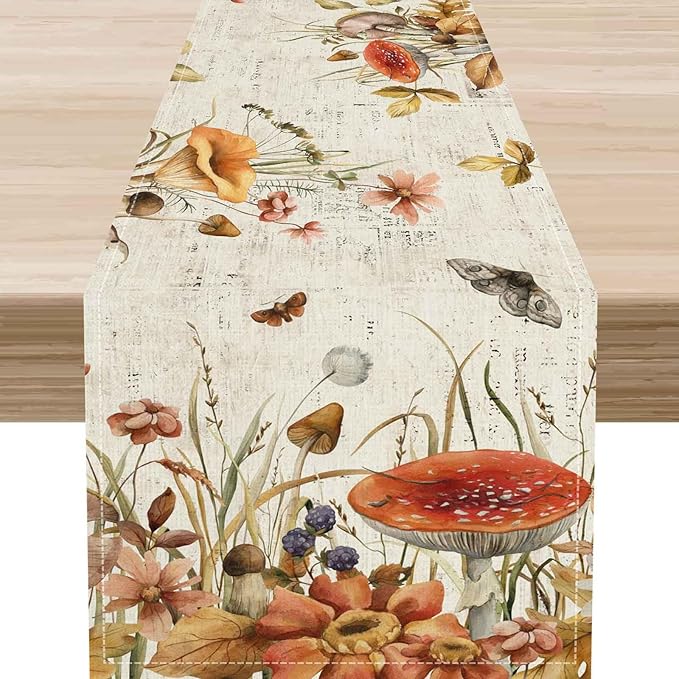 Mushroom Table Runner, Rustic Farmhouse Wildfloral Fall Autumn Leaves CountryCoffee Table Center Decor for Home Kitchen Dining Patio Holiday Party Indoor Outdoor Table Decorations, 13"x36" Inch