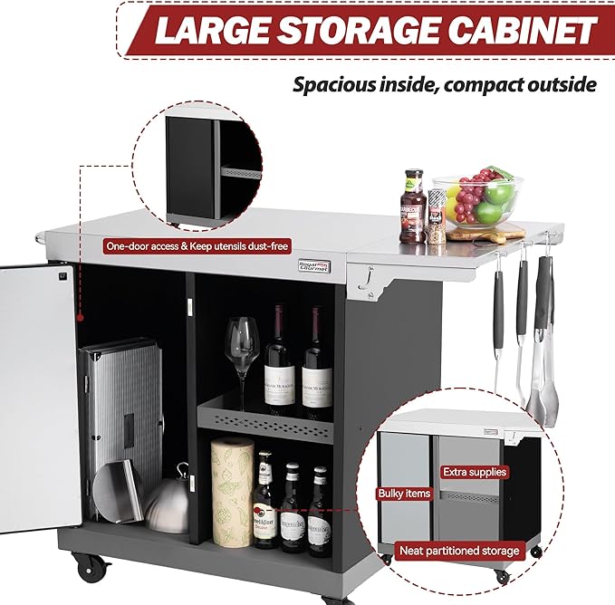 Royal Gourmet PC3201S Movable Grill Cart, 43" L x 24" W Stainless Steel Countertop, Storage Cabinet with Single-Door, Foldable Side Shelf, Tool Hooks & Inner Shelves, for Indoor & Outdoor Use, Black