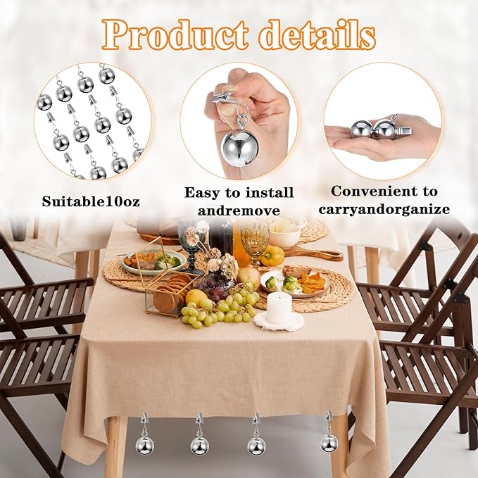 12 Pcs Heavy Duty Tablecloth Weights Spherical Stainless Steel Balls with Clips for Outdoor Tables, Curtains, Flags