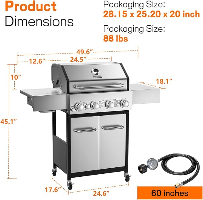 Veralune 4 Burner Gas Grill with Infrared Side Burner, Porcelain-Enameled Cast Iron Grates and Lockable Wheels, 55,000 BTU Output Stainless Steel Propane Grill for Backyard, Patio, Garden Cooking