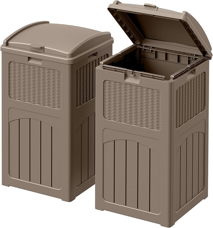 Devoko 33 Gallon Outdoor Trash Can with Dual Lid, Heavy Duty Waterproof Resin Garbage Bins Outside, Hideaway Waste Bins for Patio, Outside Pool, Backyard and Deck (2, Brown)